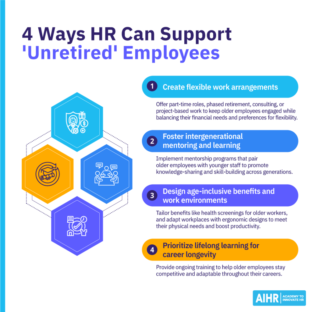 4 ways HR can support 'unretired' employees, such as creating flexible working arrangement and designing age-inclusive benefits.