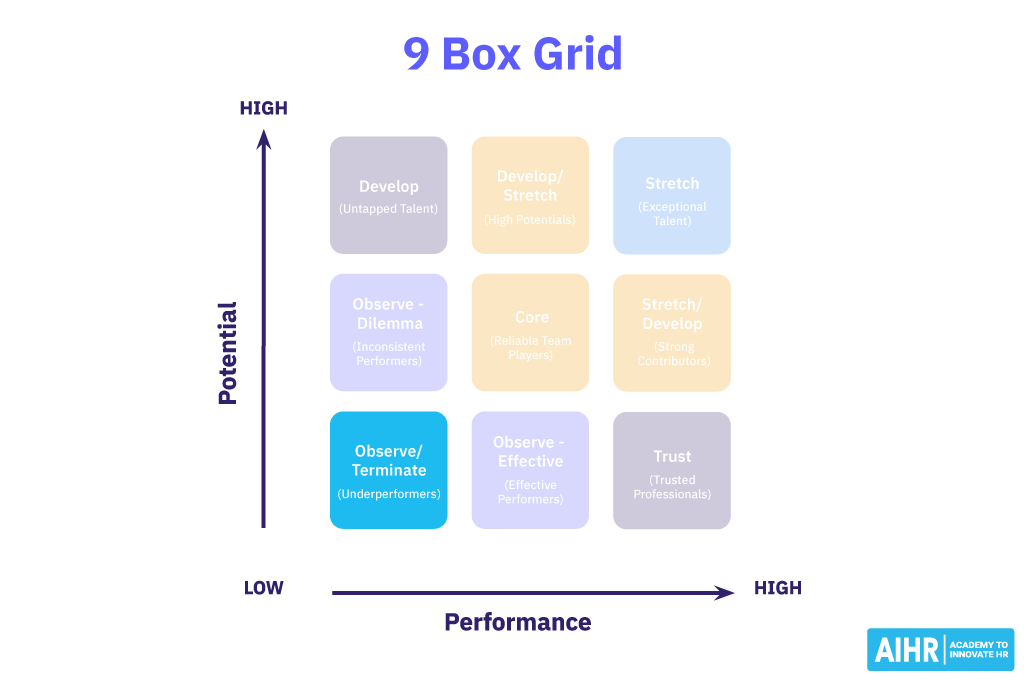 Underperformers score low on both potential and performance on the 9 box grid.