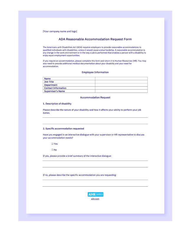 ADA Reasonable Accommodation Request Form Sample