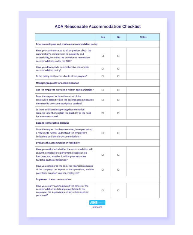 ADA Reasonable Accomodation Checklist Sample