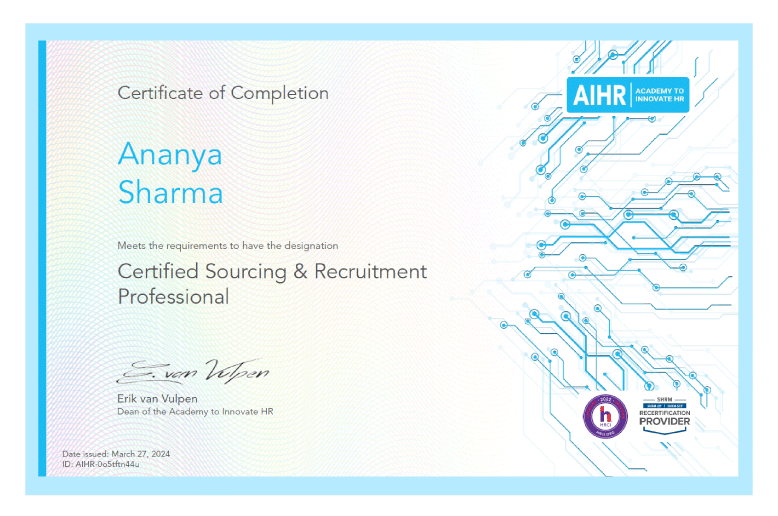 AIHR Sourcing and Recruiting Certificate sample.