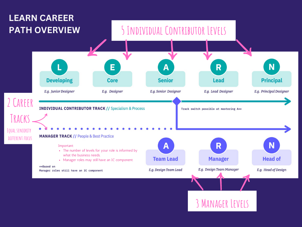 AIHR learn career path overview, showcasing both the individual contributor and the manager track.