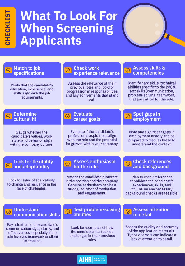 A checklist on what to look for when screening applicants.