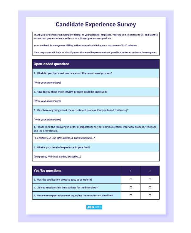 A preview of the candidate experience survey Word template.