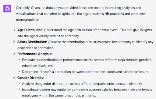 ChatGPT-generated recommendations for further data analysis on a sample data set.