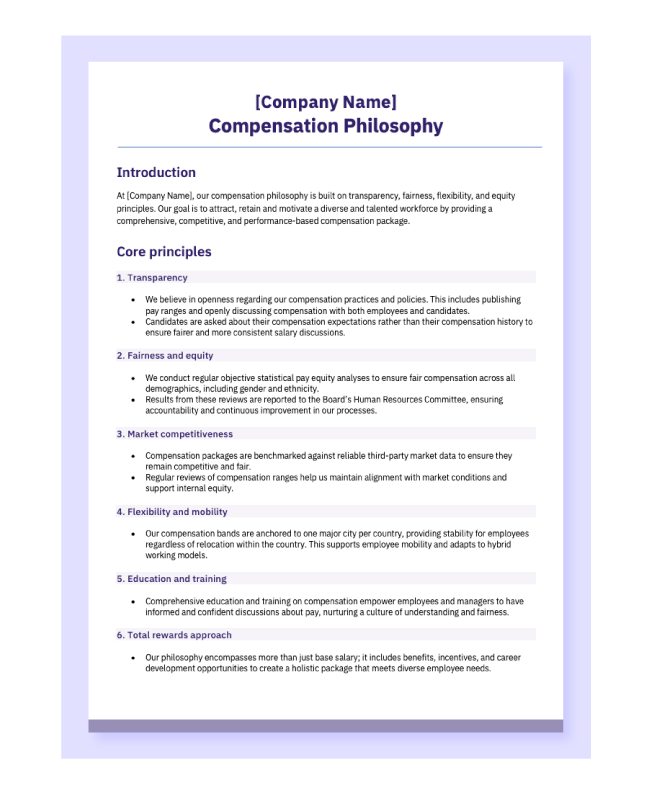 Preview of a compensation philosophy template in a Word document.