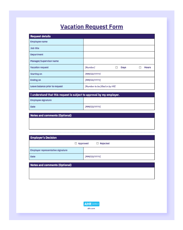 Sample image of the free template vacation request form