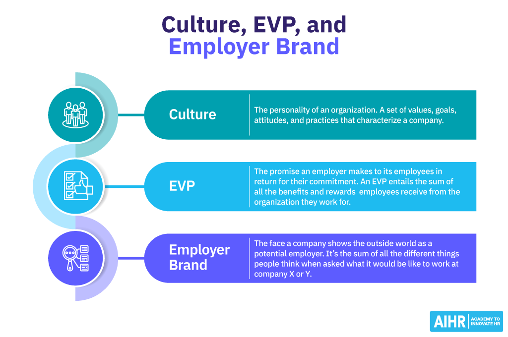 A comparison of the terms Culture, Employee Value Proposition (EVP) and Employer Brand.