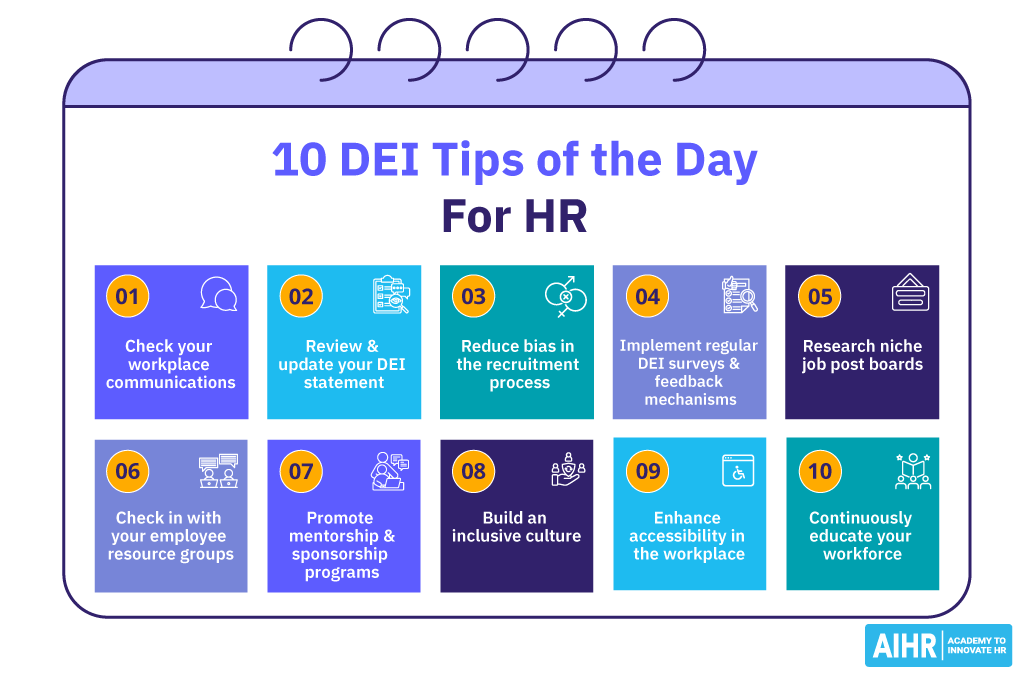 10 Diversity, Equity, and Inclusion tips of the day for HR professionals.