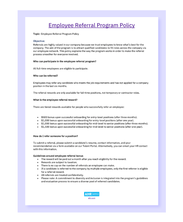 An employee referral pogram policy sample.