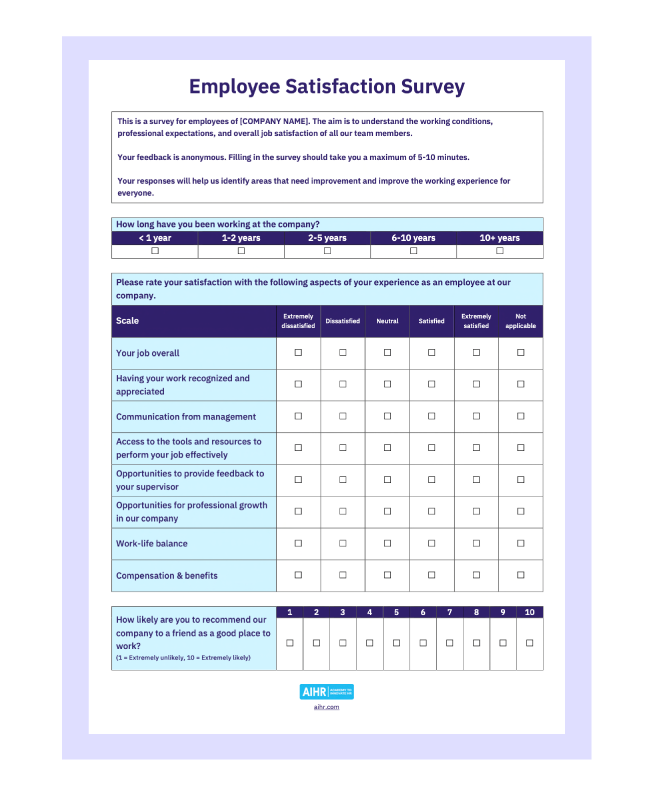 Employee Satisfaction Survey Template Sample