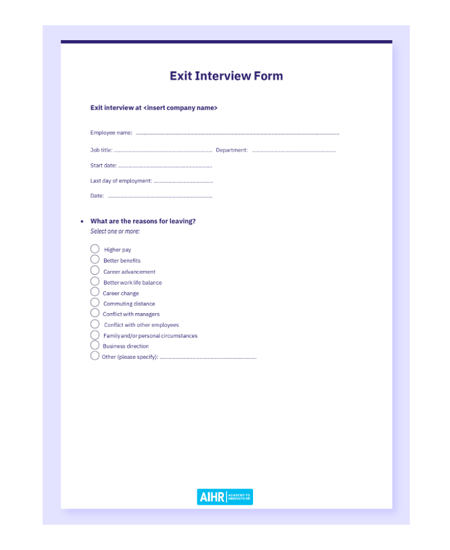 The first page of an editable exit interview form template that departing employees can fill in.