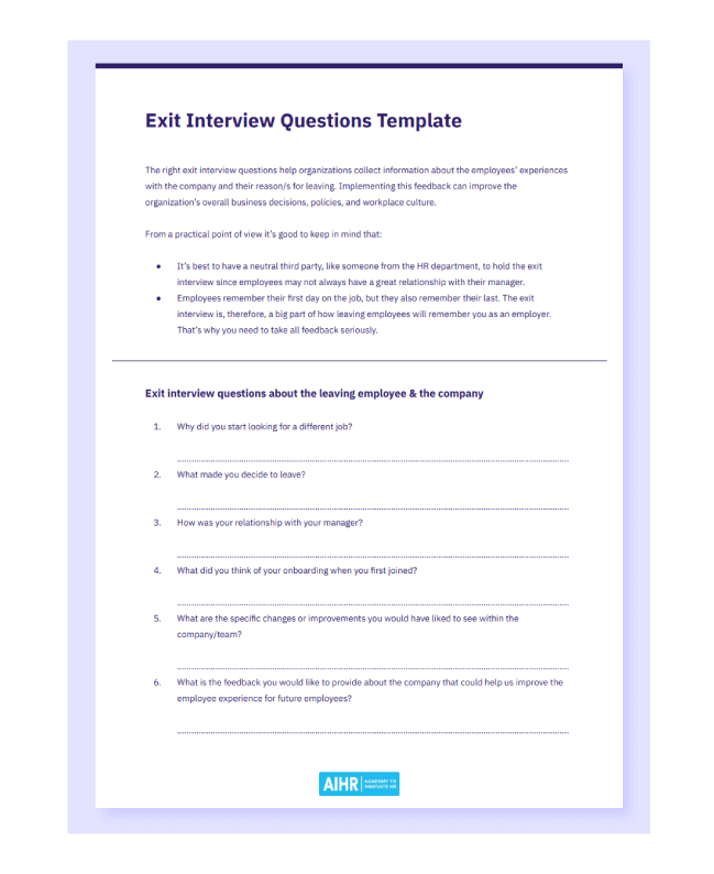 Exit interview questions template with instructions and sample questions.