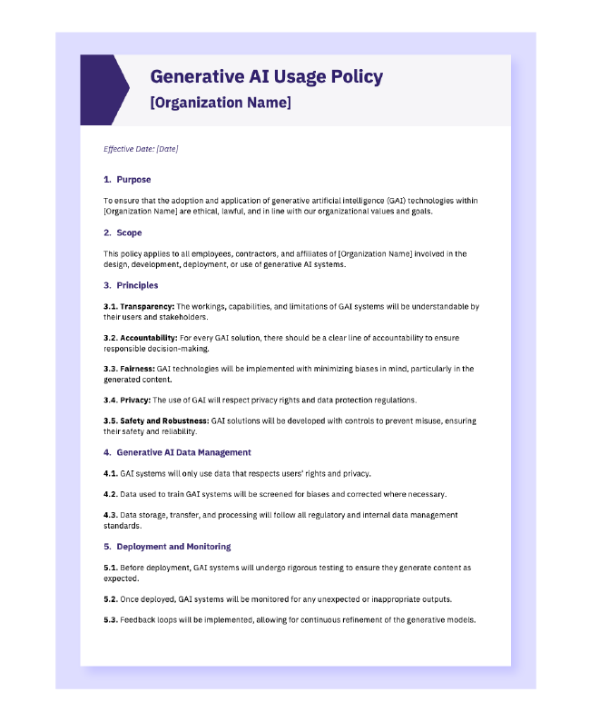 Generative AI usage policy sample for organizations.