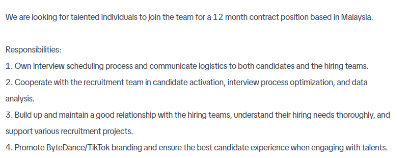 Global Recruitment Coordinator job description from a 3rd party contractor for TikTok.