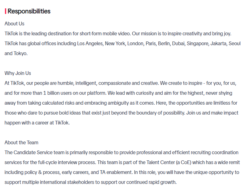 Global Recruitment Coordinator job description from a 3rd party contractor for TikTok.