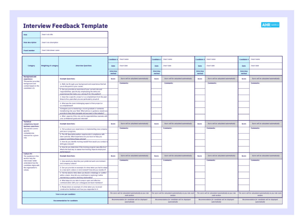 A preview of an interview feedback template.