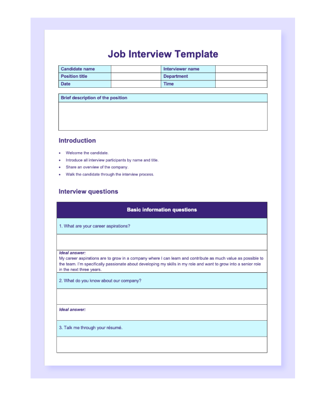 Preview of a job interview template in  Word document.