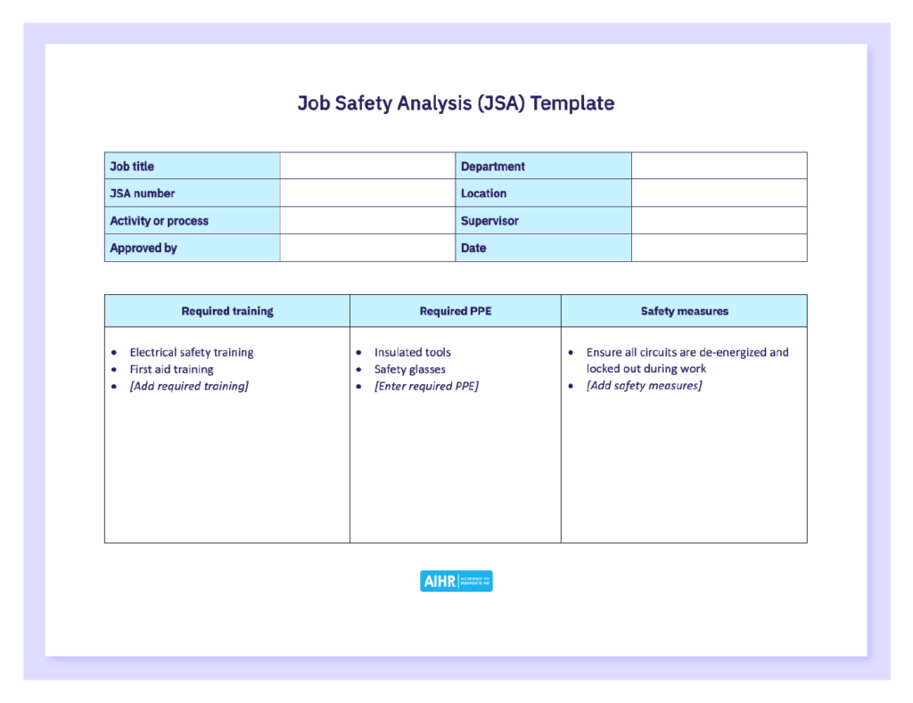 Preview of a job safety analysis template in a Word document.