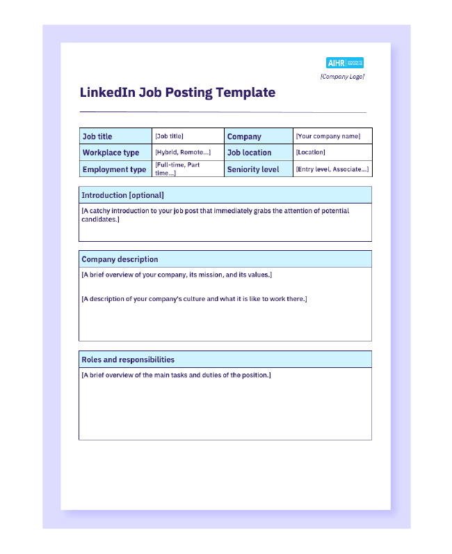 A preview of a LinkedIn job posting template in a Word document.