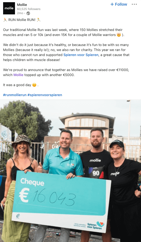 An employer branding Linkedin post about a charity run from Mollie, a payment service provider.