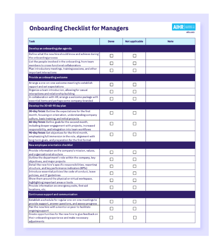 Employee onboarding checklist template for managers in an Excel format.