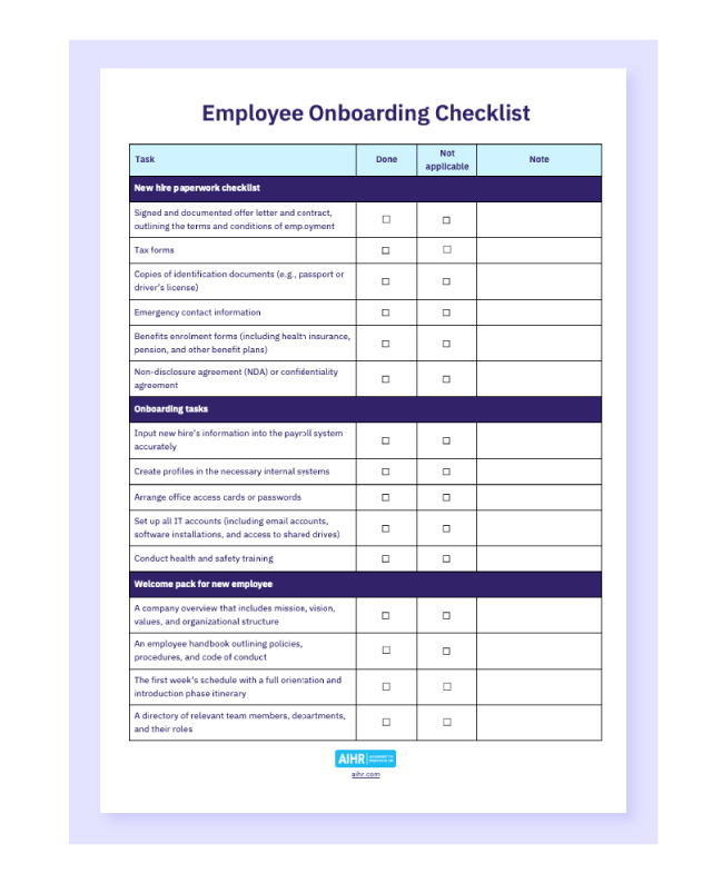 Employee onboarding checklist template for HR in a Word format.