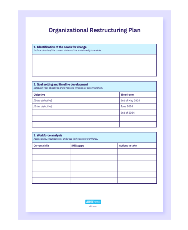 Preview of the organizational restructuring plan template in a Word document.