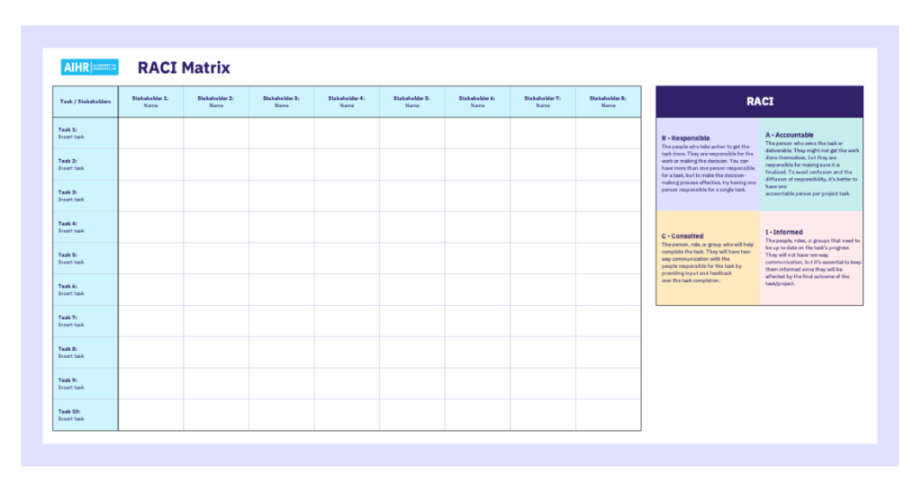 A preview of a RACI template in Excel.