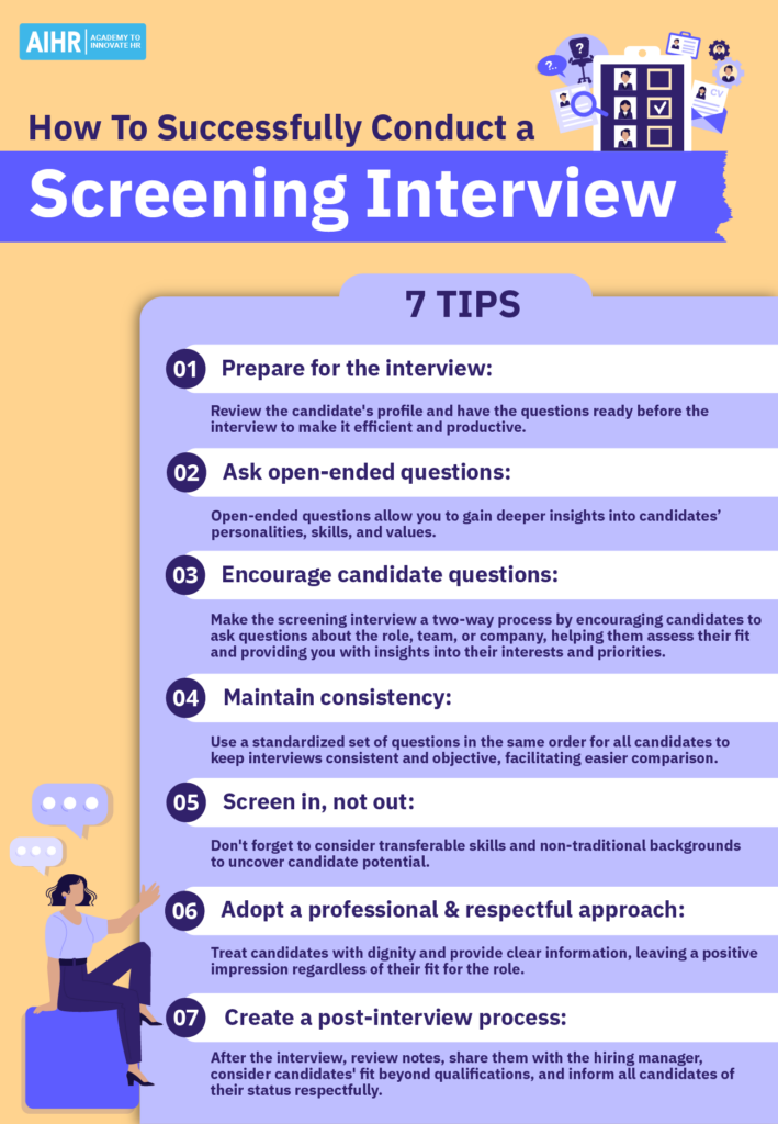 Seven steps to successfully conduct a screening interview, including preparation and maintaining consistency.