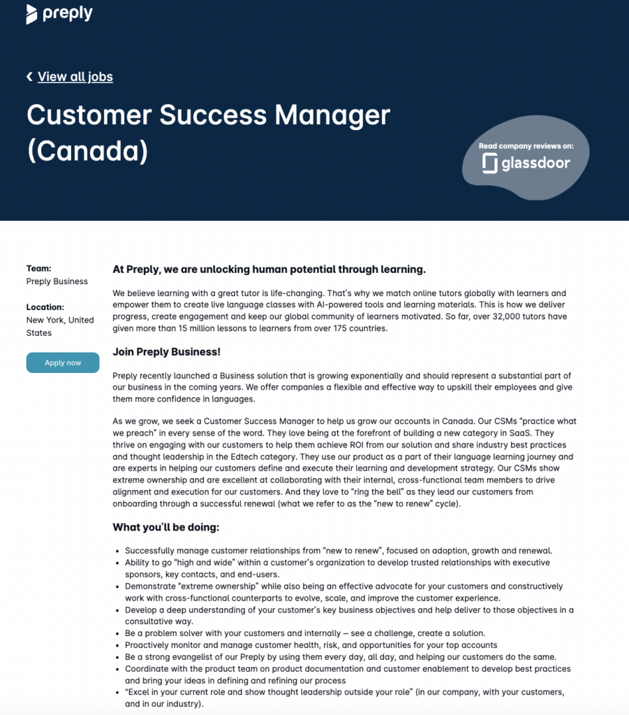 preply Customer Success Manager roles and responsibilities example