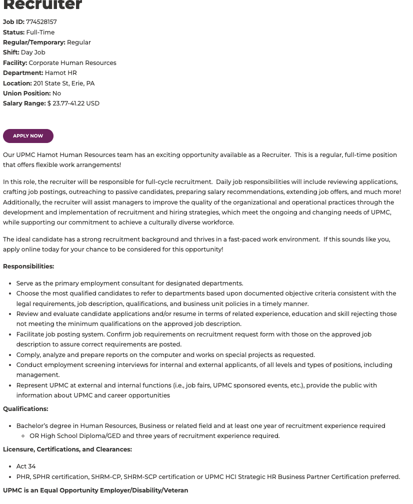 UPMC Recruiter Job Description Example