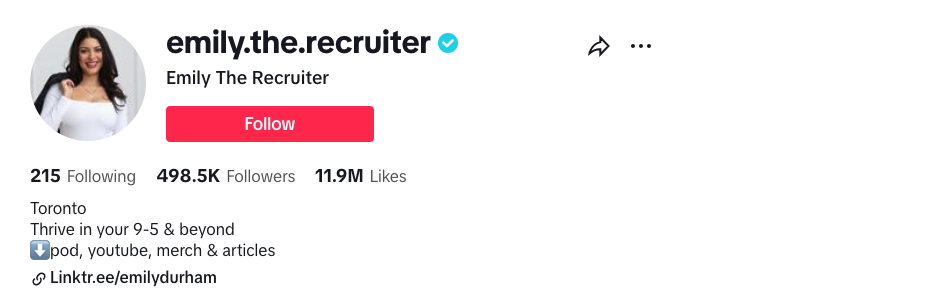 The TikTok profile of Emily the Recruiter.