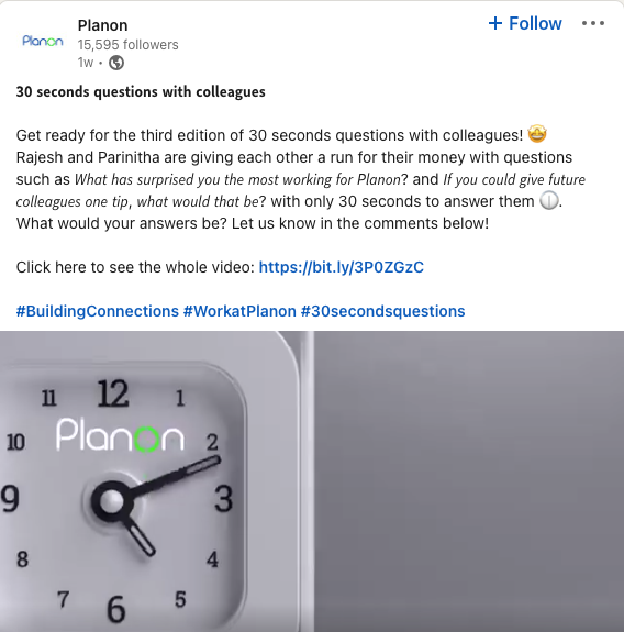 Planon's LinkedIn post showing a video about 30 second questions with colleagues.