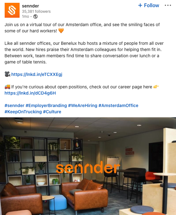 Sennder's LinkedIn post offering a virtual tour of their Amsterdam office.