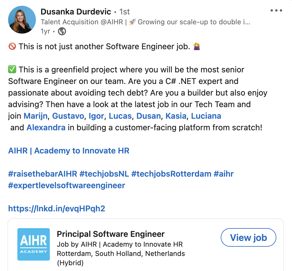 AIHR's IT job posting on LinkedIn.