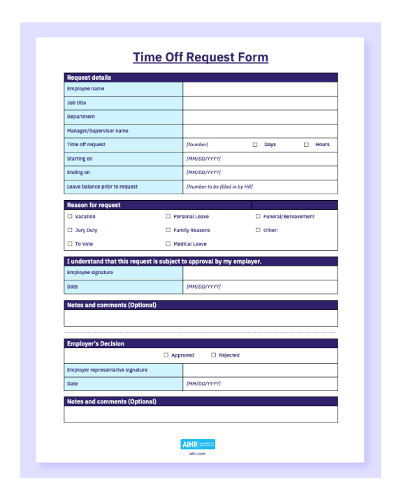 A preview of a downloadable time off request form.