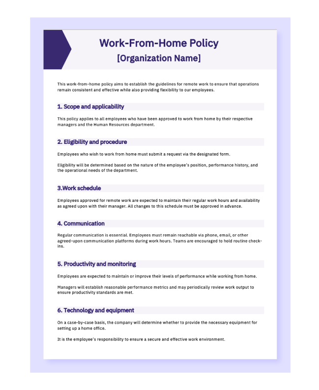 Preview of the work from home policy template in a Word document.