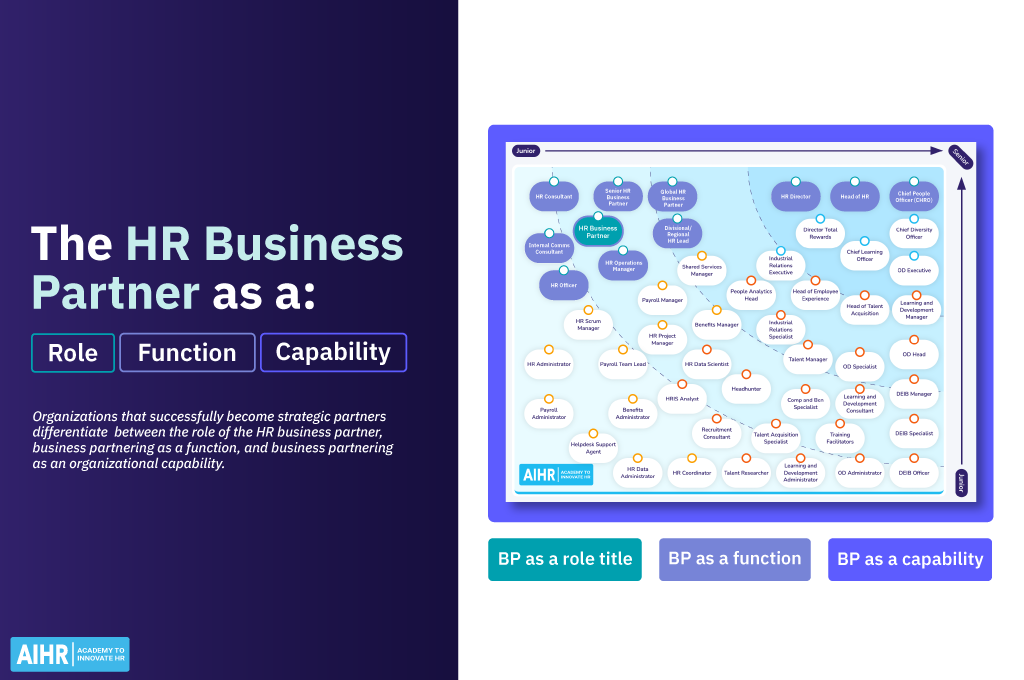 5-معیار-موفقیت-برای-شرکت-کسب-ساعت-موفق Graphic showing HR Business Partner roles, functions, and capabilities with career progression map.