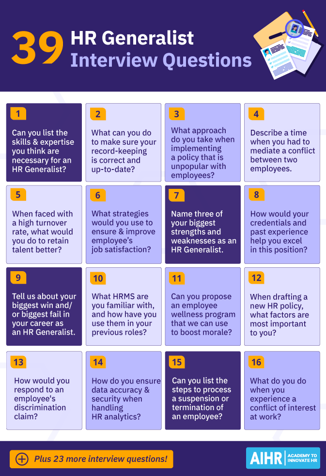 hr-عمومی-مصاحبه-سوالات-تک صفحه 39 HR Generalist interview questions on skills, record-keeping, policy implementation, conflict mediation, and job satisfaction.