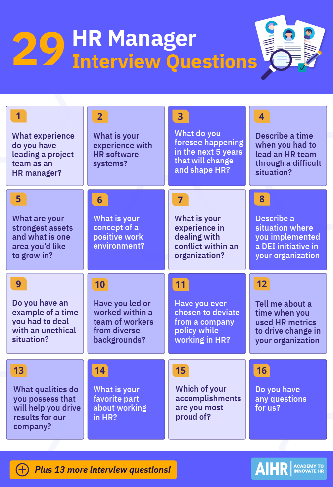 hr-مدیر-مصاحبه-سوالات 29 HR Manager interview questions covering project leadership, HR software, work environment, conflict resolution, and DEI.
