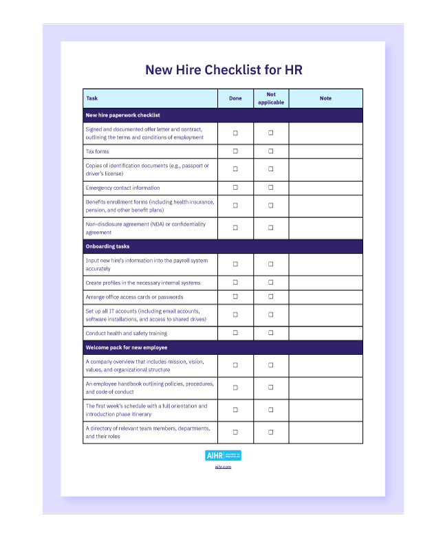 new-hire-checklist-for-hr-template A preview of the new hire checklist for HR template in Word.