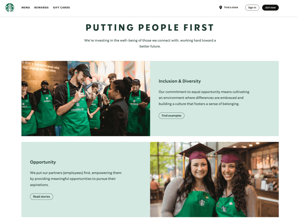 putting-people-first-1024x757-1 Starbucks places an emphasis developing opportunities and commitment to inclusion and diversity for its 'partners'.