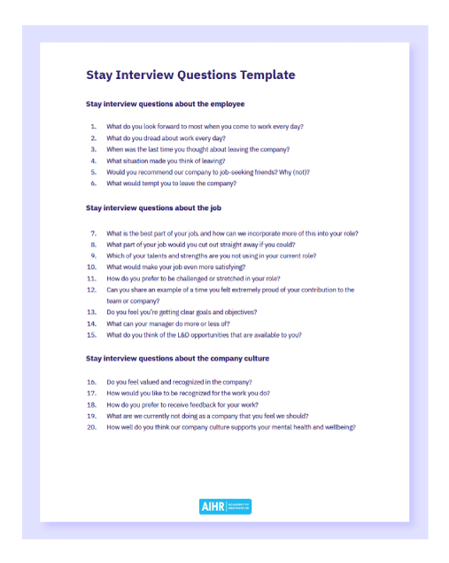 اقامت-مصاحبه-پرسش-قالب-پیش نمایش A preview of the stay interview questions template in PDF.