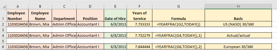 سالفرک YEARFRAC function