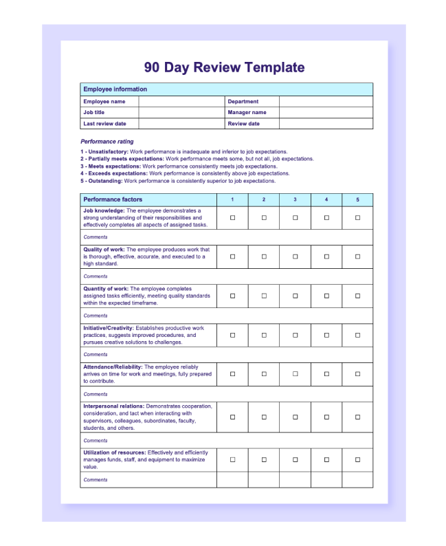 90 روز-بررسی-قالب-ورد Preview of the 90 day review template.