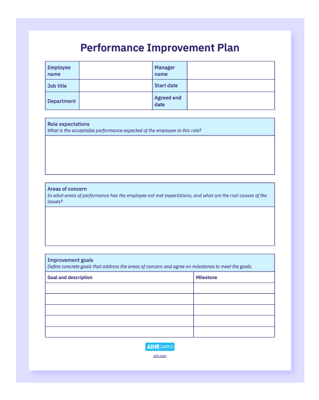 پیپ-قالب A preview of a Performance Improvement Plan template in an editable PDF.